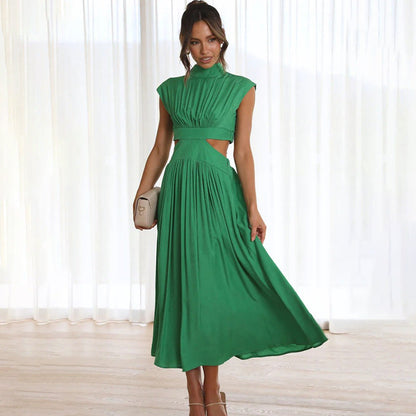 Robe midi femme – Coupe élégante – Taille cintrée – Buste plissé – Détail ajouré