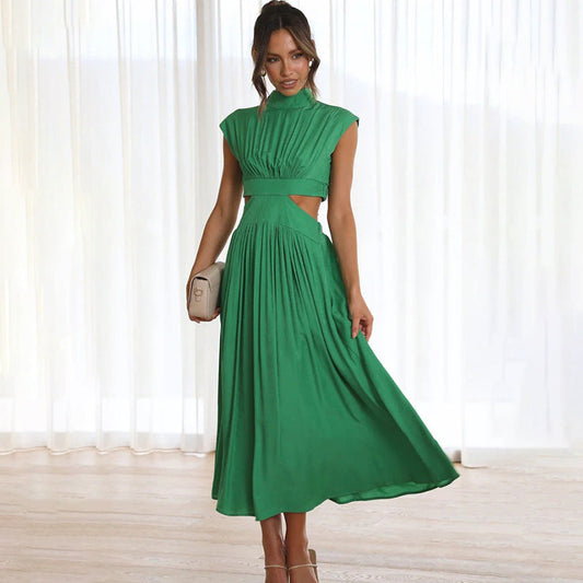 Robe midi femme – Coupe élégante – Taille cintrée – Buste plissé – Détail ajouré