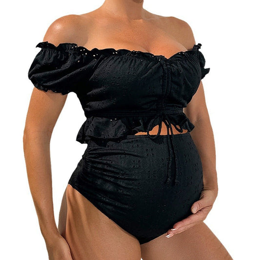 Maillot de bain maternité femme – Haut épaules dénudées – Volants – Taille haute confort