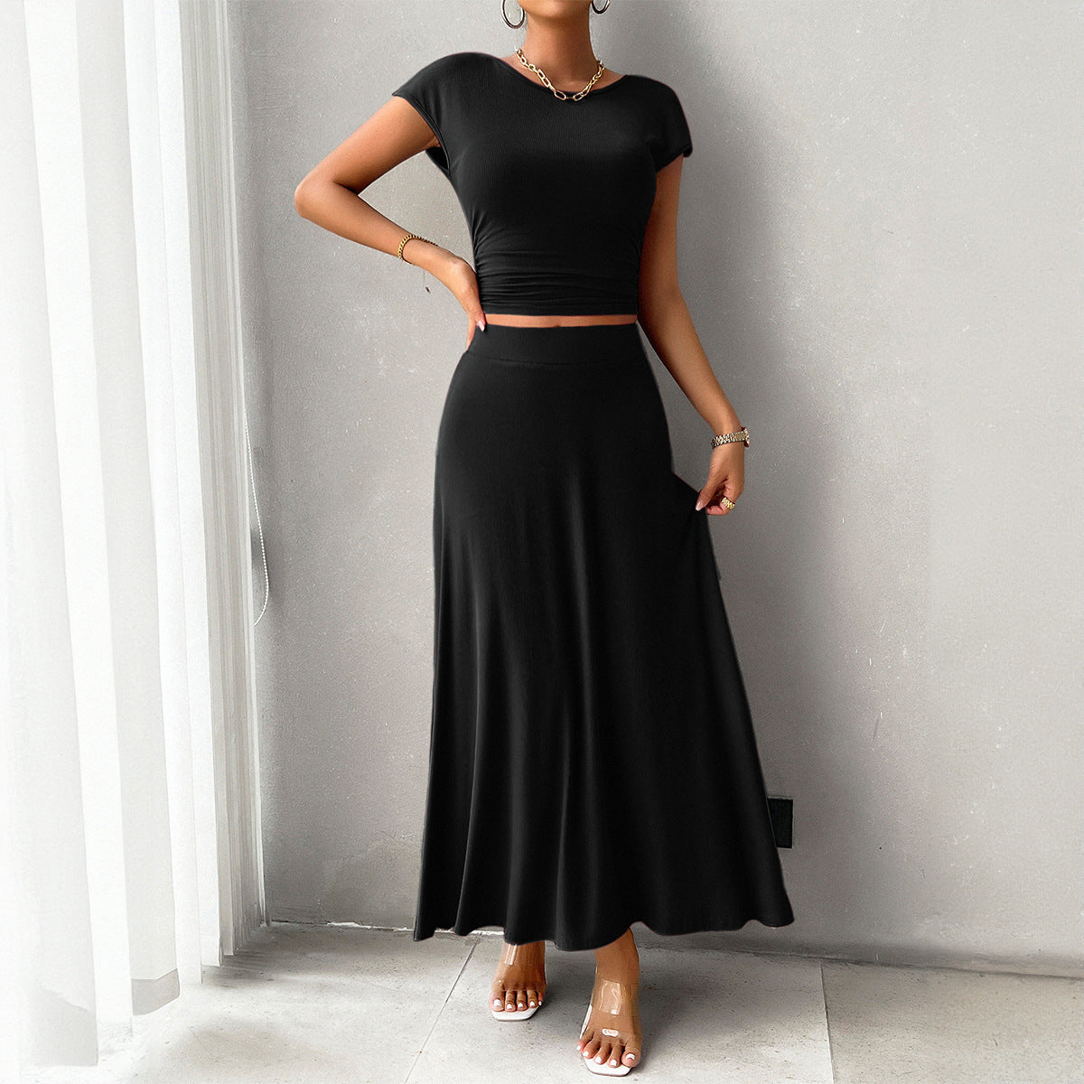 Ensemble Robe Femme – Haut Court Ajusté Froncé – Jupe Longue Fluide Taille Haute