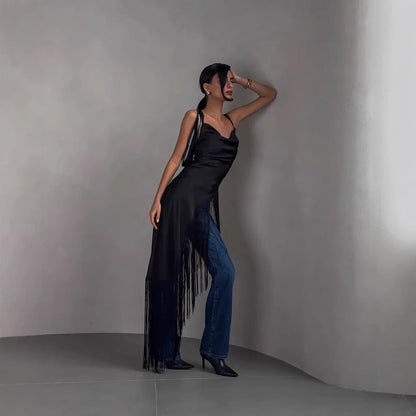 Top sans manches femme – Coupe slim – Décolleté en V – Franges asymétriques