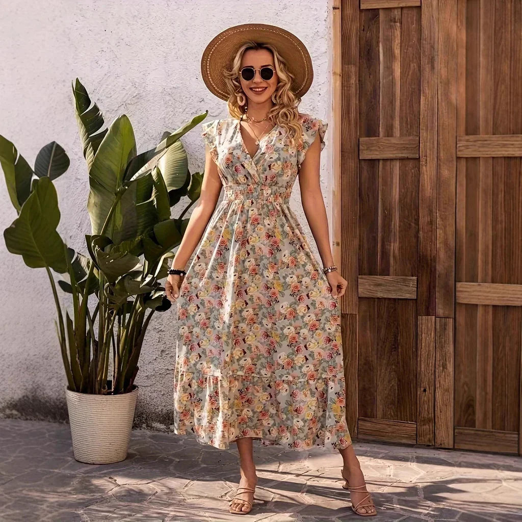 Robe longue femme – Imprimé fleuri – Col en V – Manches courtes volantées – Coton