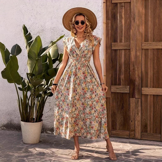 Robe longue femme – Imprimé fleuri – Col en V – Manches courtes volantées – Coton