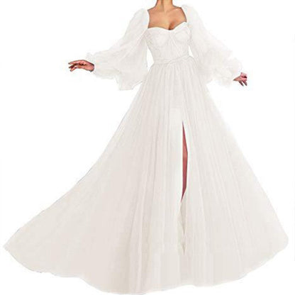 Robe de soirée femme – Tulle fluide – Décolleté cœur – Manches volumineuses – Fente élégante