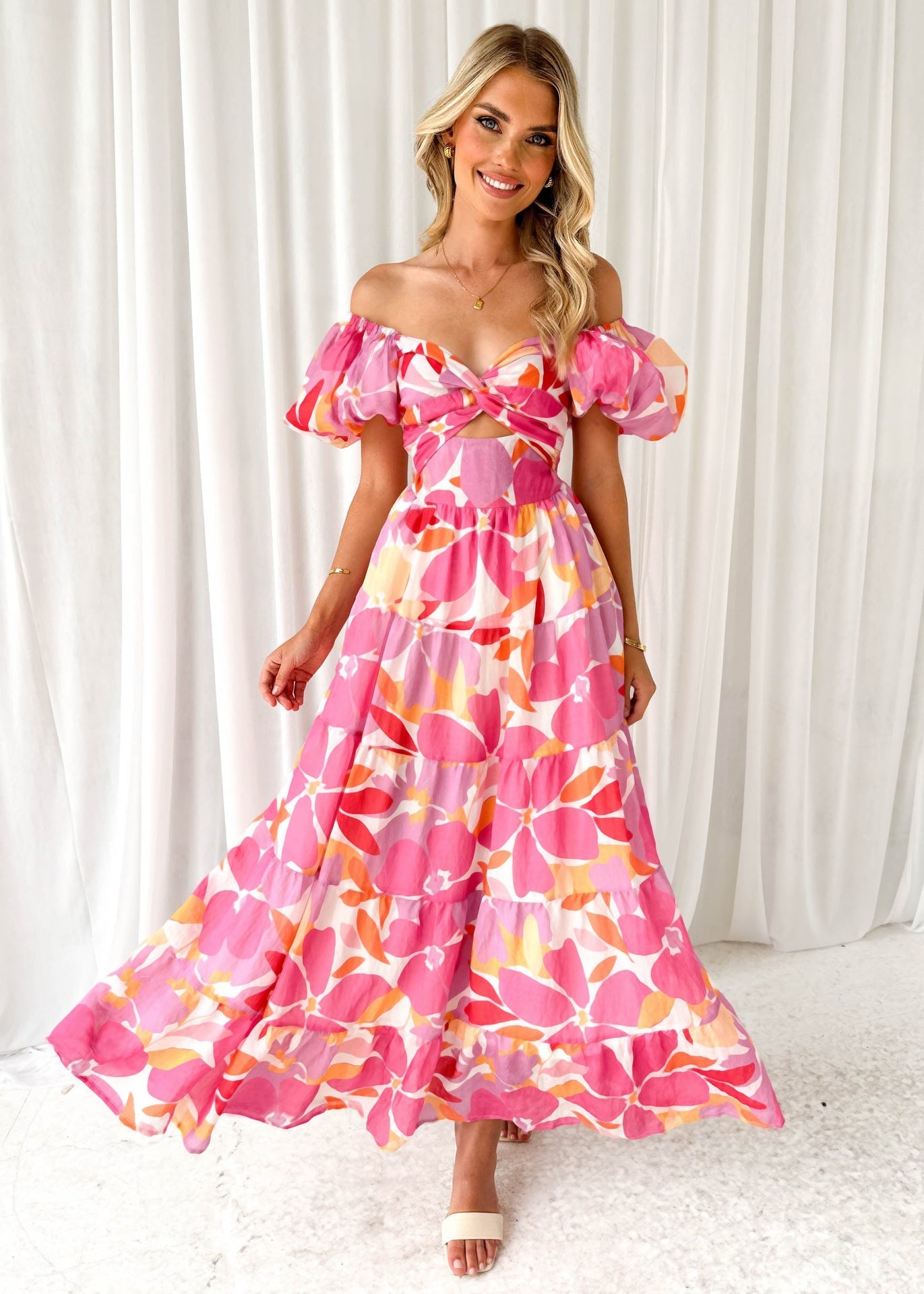 Robe longue femme – Épaules dénudées – Manches bouffantes – Taille smockée