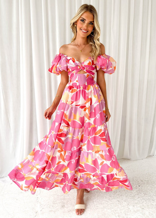 Robe longue femme – Épaules dénudées – Manches bouffantes – Taille smockée