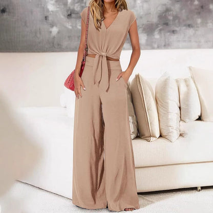 Ensemble Femme Deux Pièces – Haut Court Nœud Devant – Pantalon Large Taille Haute