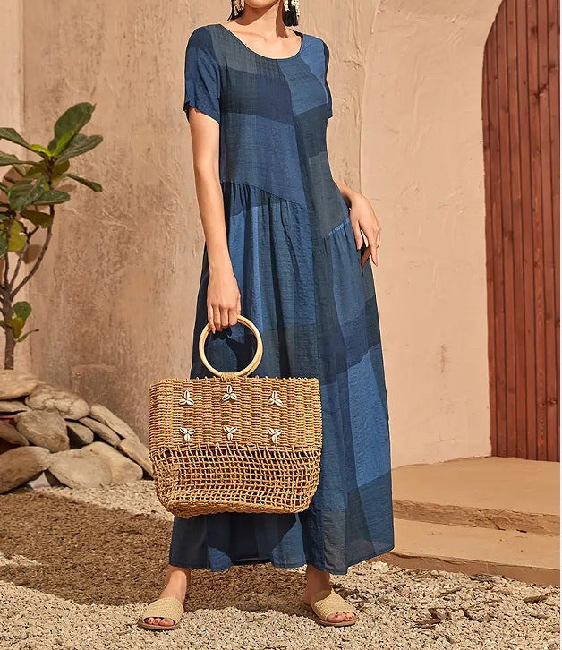 Robe longue femme – Coupe ample évasée – Coton – Manches courtes – Imprimé à carreaux