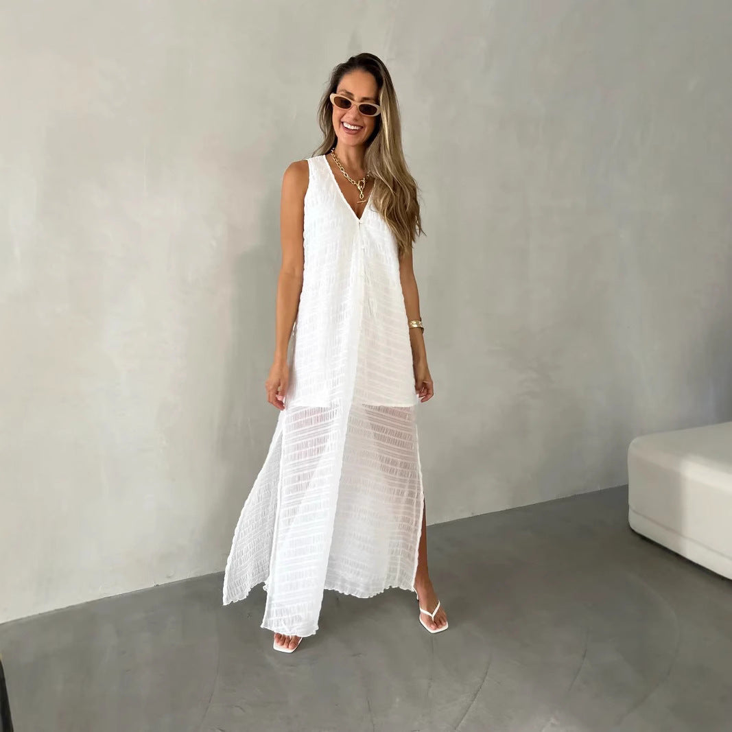 Robe longue femme – Dentelle élégante – Sans manches – Col en V – Fente frontale