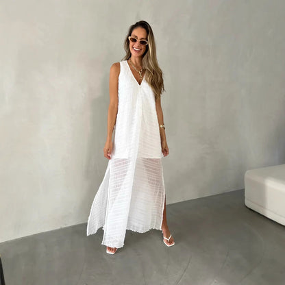 Robe longue femme – Dentelle élégante – Sans manches – Col en V – Fente frontale