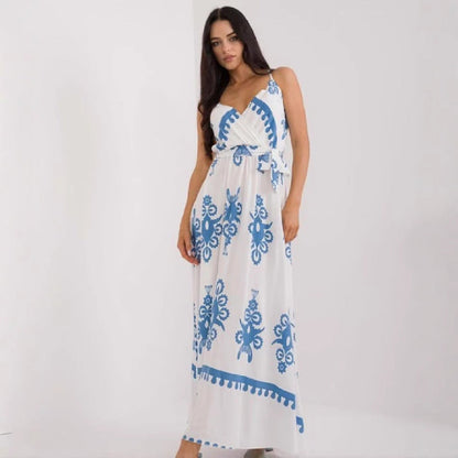 Robe longue femme – Coupe fluide – Décolleté en V – Sans manches – Ceinture – Coton imprimé