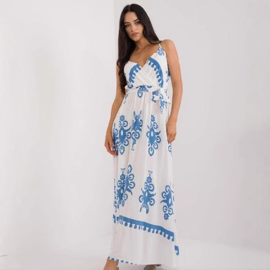 Robe longue femme – Coupe fluide – Décolleté en V – Sans manches – Ceinture – Coton imprimé