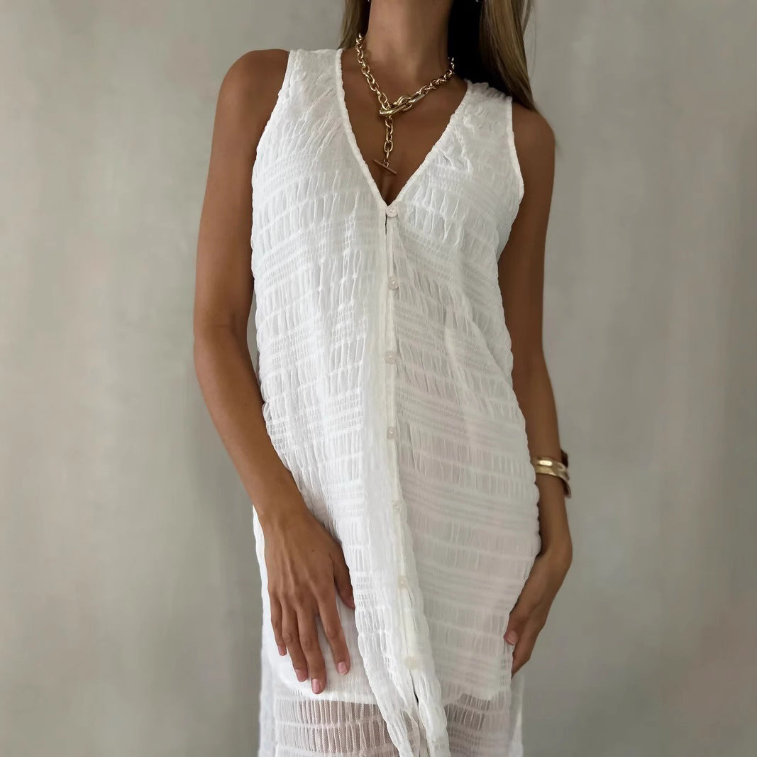 Robe longue femme – Dentelle élégante – Sans manches – Col en V – Fente frontale