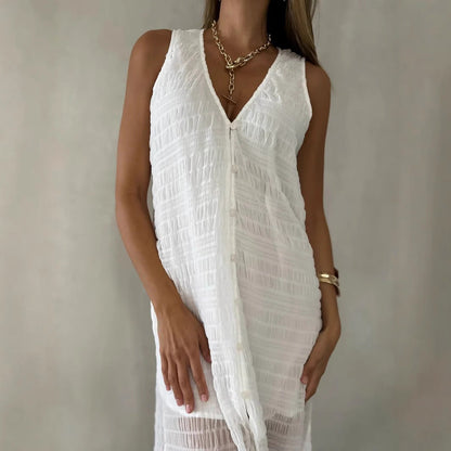 Robe longue femme – Dentelle élégante – Sans manches – Col en V – Fente frontale