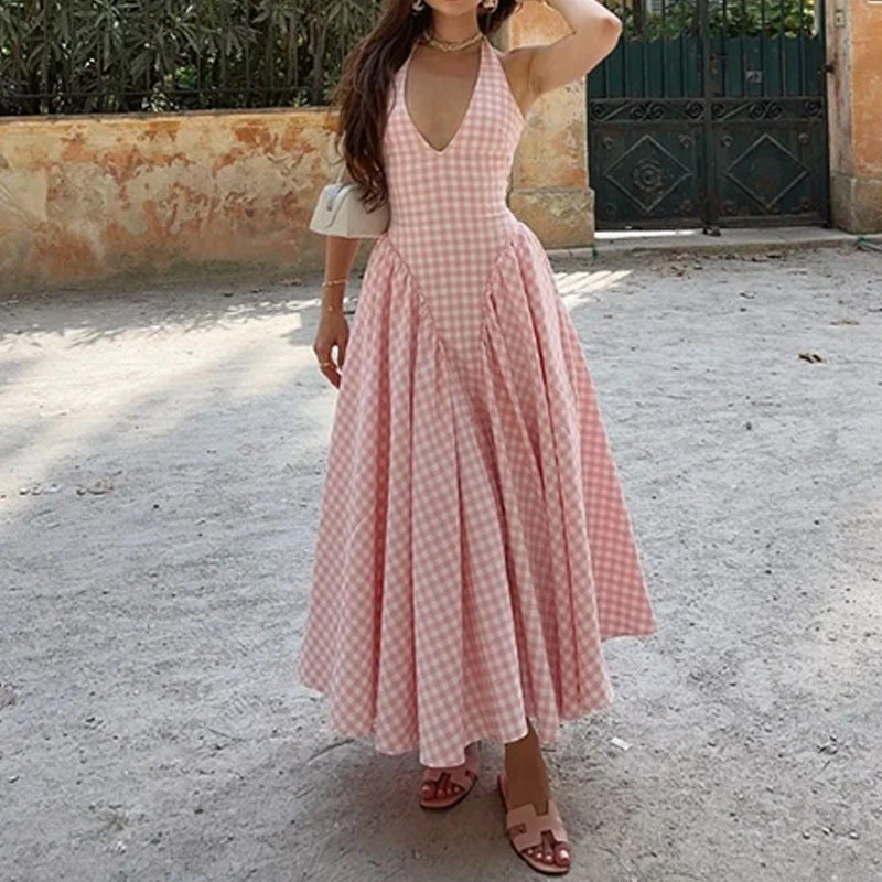 Robe femme midi – Col halter – Coupe ajustée – Jupe plissée évasée – Coton