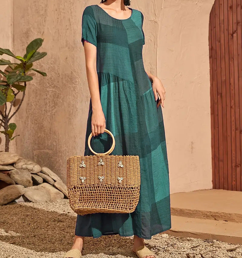 Robe longue femme – Coupe ample évasée – Coton – Manches courtes – Imprimé à carreaux
