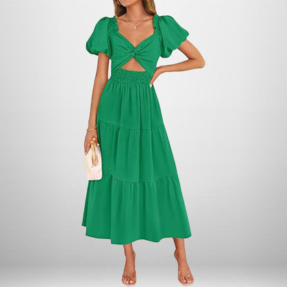 Robe longue femme – Tissu respirant – Col en V – Taille smockée – Jupe à volants