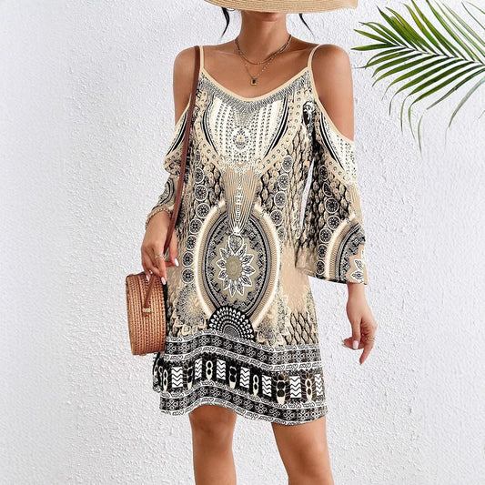 Robe Midi Femme – Coupe Ample – Épaules Dénudées – Manches Mi-longues