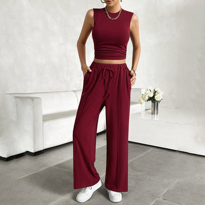 Ensemble Femme 2 Pièces – Haut Court Sans Manches – Pantalon Large Taille Élastique