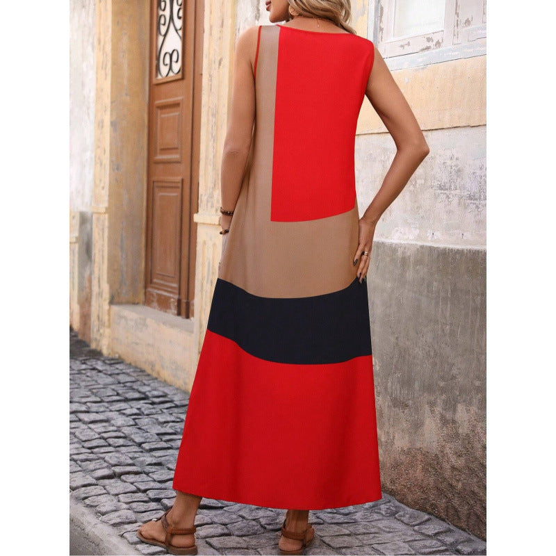 Robe longue femme – Décolleté en V – Manches volantées – Taille cintrée – Imprimé géométrique