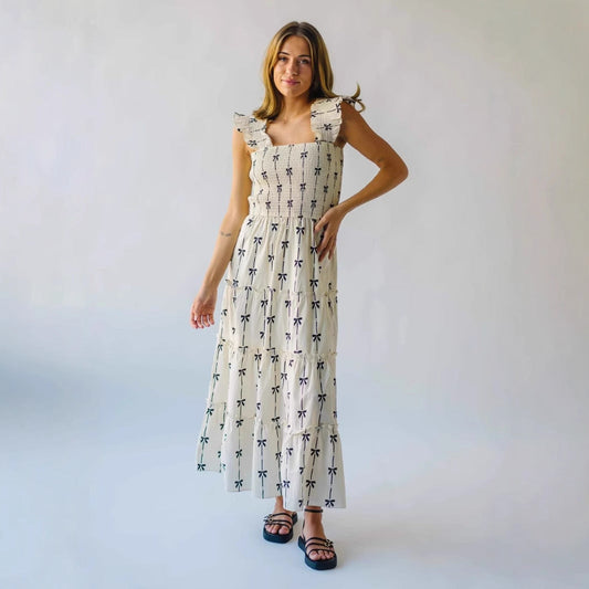 Robe longue femme – Bretelles à volants – Tissu respirant – Buste smocké élégant