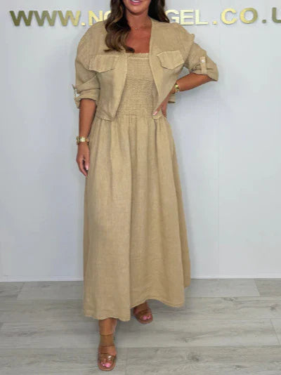 Ensemble deux pièces femme – Robe longue – Coupe décontractée – Buste smocké – Coton – Veste assortieécontractée – Buste smocké – Coton – Veste assortie