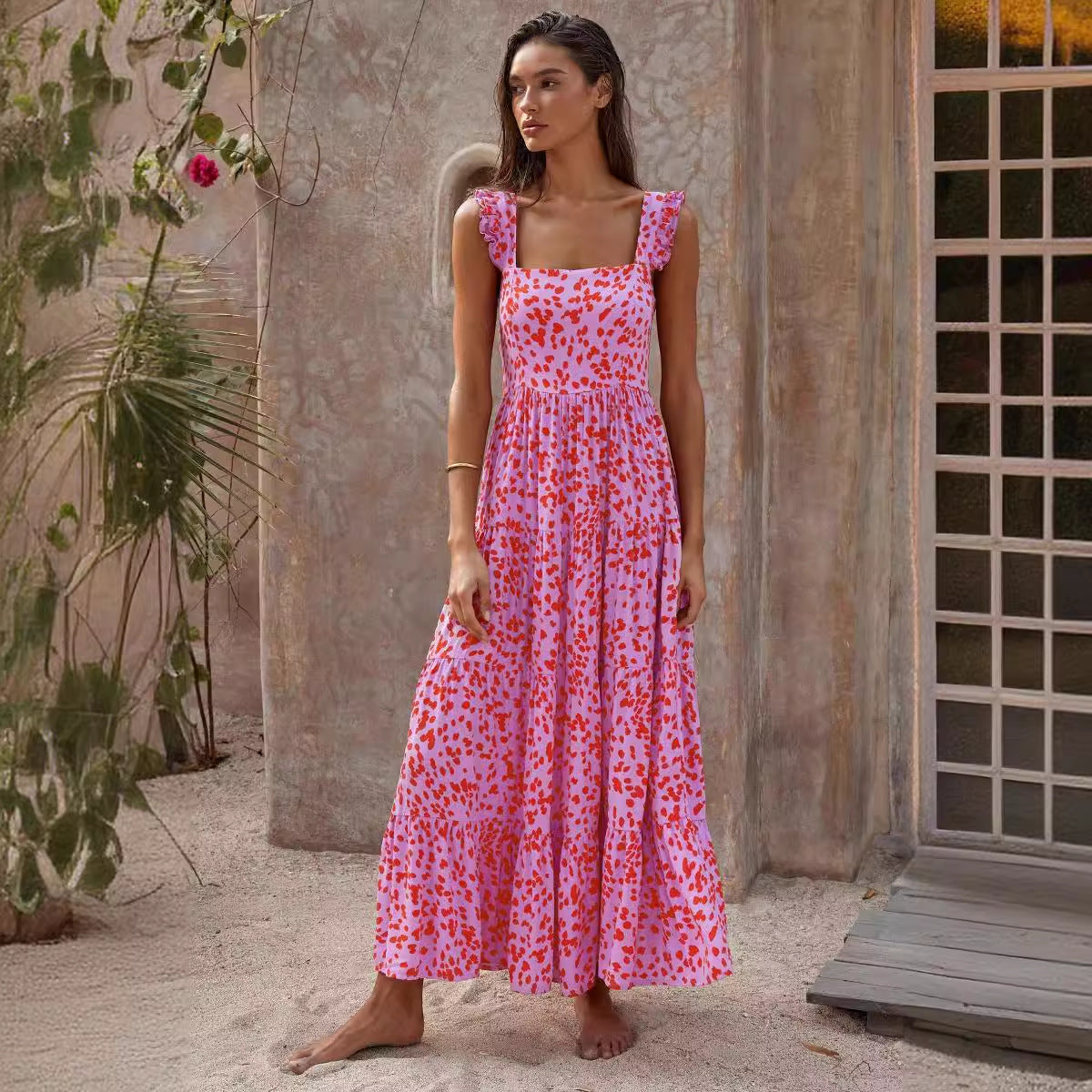 Robe longue femme – Coupe ample – Sans manches – En coton – Jupe à volants – Col carré