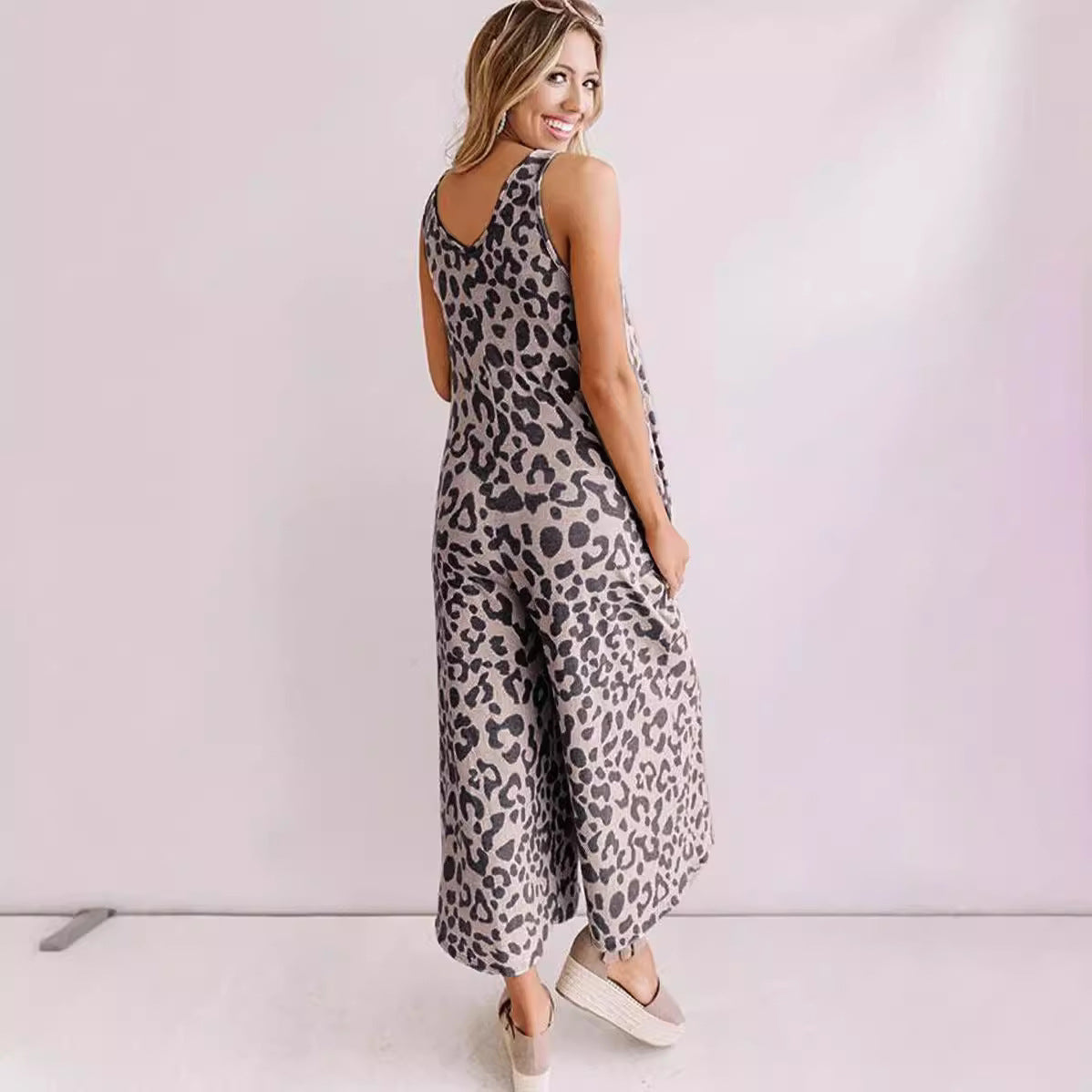 Combinaison femme sans manches – Tissu respirant – Coupe ample – Imprimé léopard – Jambes larges