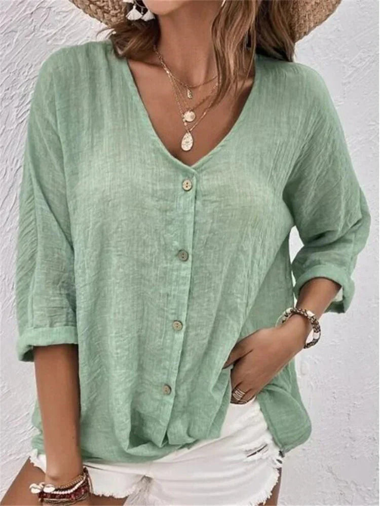 Blouse femme – Coupe décontractée – Lin – Col V – Manches 3/4 à revers