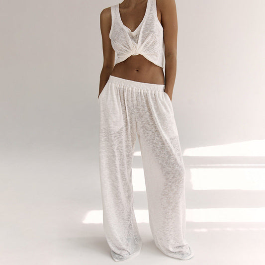 Ensemble décontracté femme – Haut sans manches croisé – Pantalon large fluide coton doux