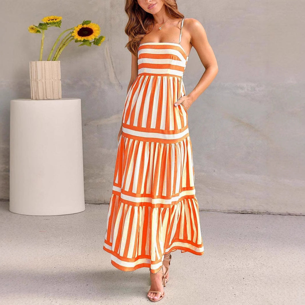 Robe midi femme – Coton – Coupe évasée – Rayures – Bretelles fines – Volants