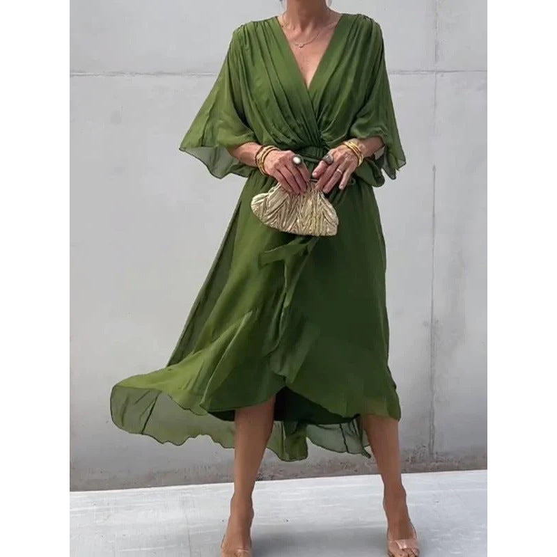 Robe longue femme – Tissu fluide – Manches chauve-souris – Taille nouée – Ourlet asymétrique