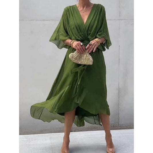 Robe longue femme – Tissu fluide – Manches chauve-souris – Taille nouée – Ourlet asymétrique