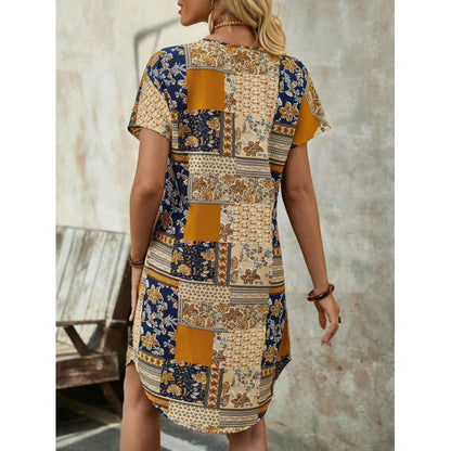 Robe femme – Coupe ample – Design patchwork – Col en V – Manches courtes – Coton