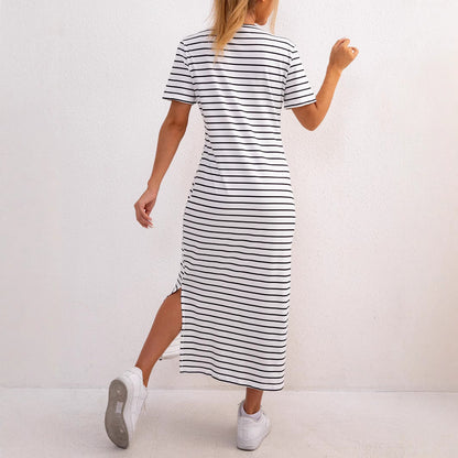Robe midi femme – Coupe décontractée – Maille douce – Rayures – Fente latérale