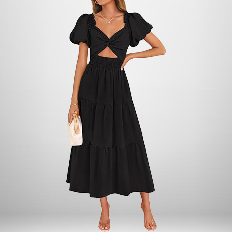 Robe longue femme – Tissu respirant – Col en V – Taille smockée – Jupe à volants