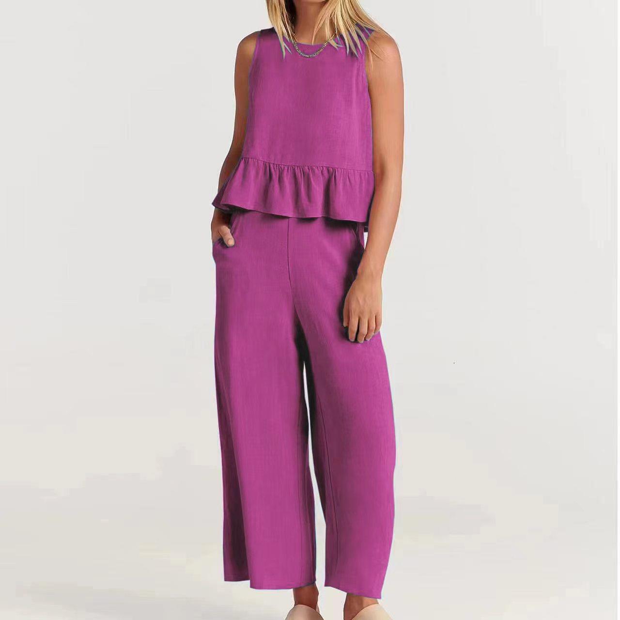 Ensemble 2 pièces pour femmes - Top court sans manches - Pantalon large à taille élastique - Coupe décontractée