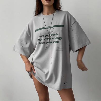 T-shirt oversize femme – Coupe ample – Motif vintage usé – Toucher doux respirant