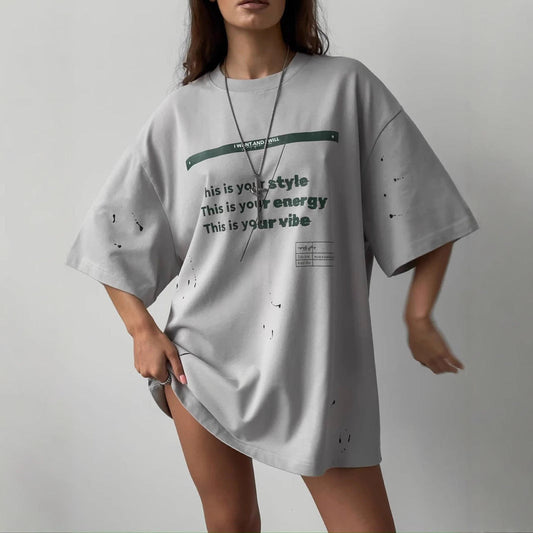 T-shirt oversize femme – Coupe ample – Motif vintage usé – Toucher doux respirant