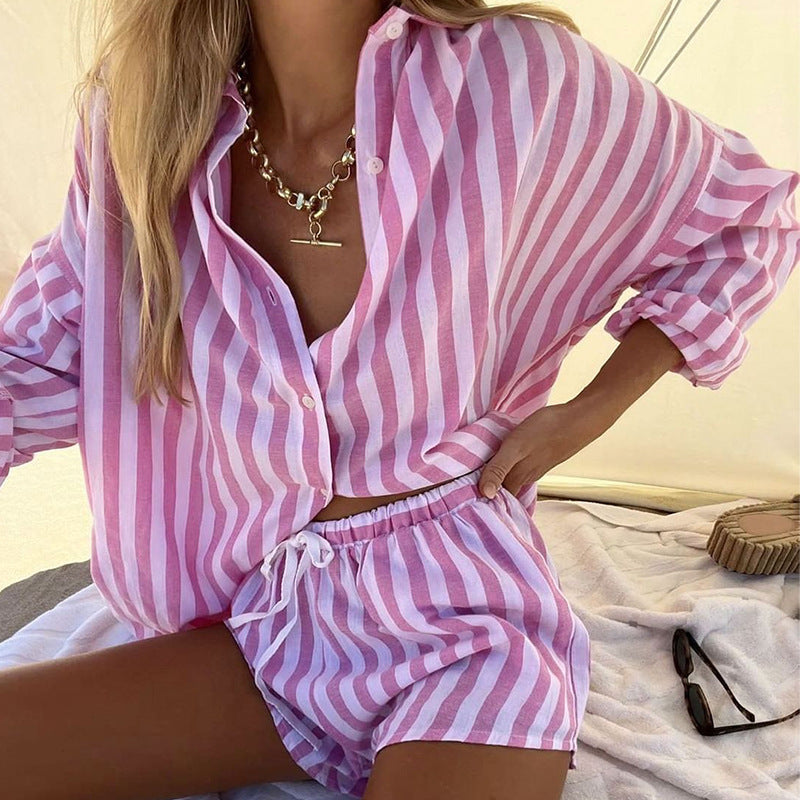 Women's Two-Piece Set – Buttoned Top Loose Fit – Striped Elastic Waist Shorts