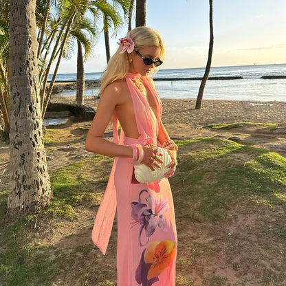 Robe longue femme – Coupe slim – Décolleté plongeant – Col dos nu – Imprimé floral