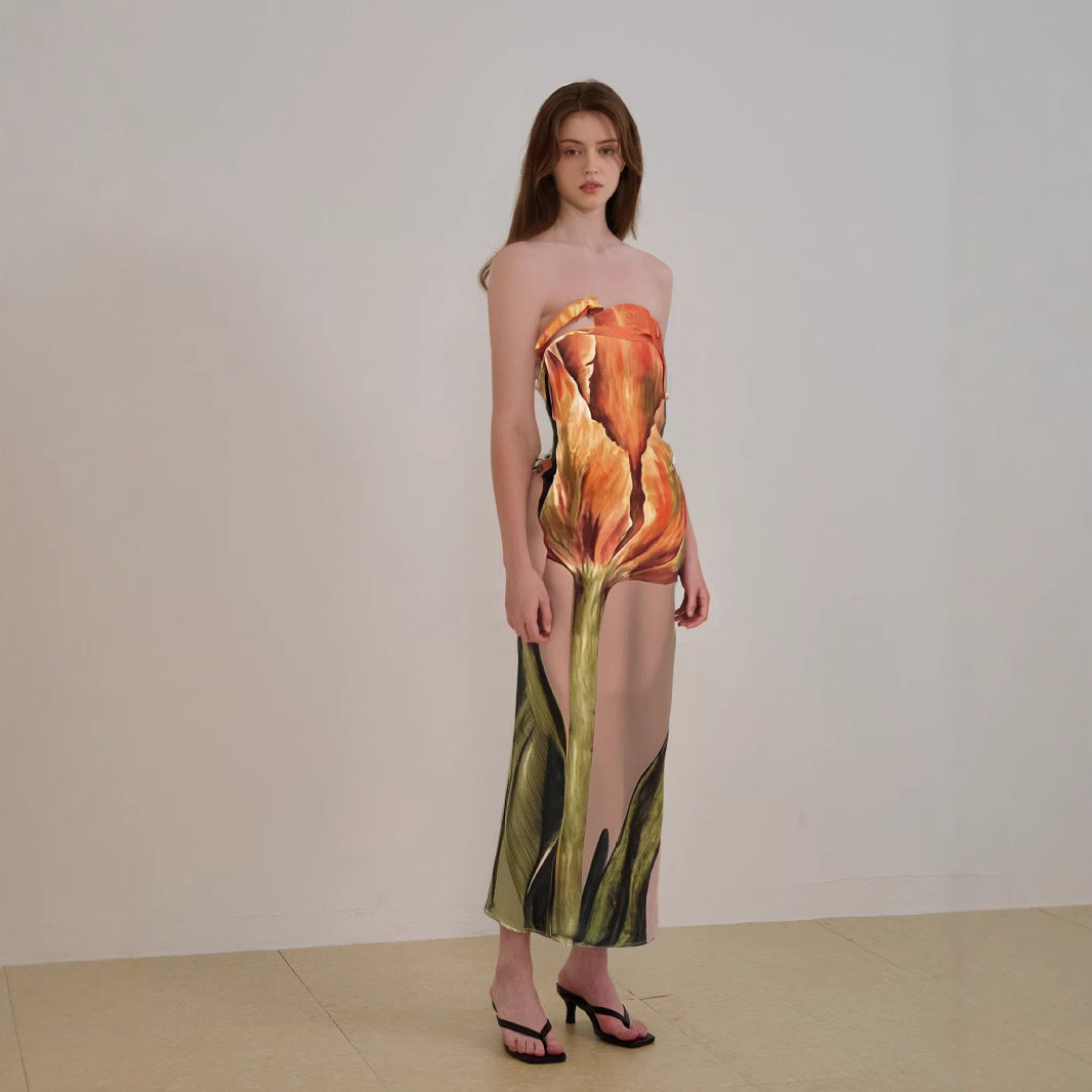 Women's midi dress – Strapless – Abstract print – Elegant fluid cut