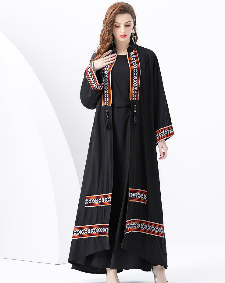Ensemble deux pièces femme – Robe sans manches et kimono bohème – Détails brodés – Lien à pampilles – Coupe ample
