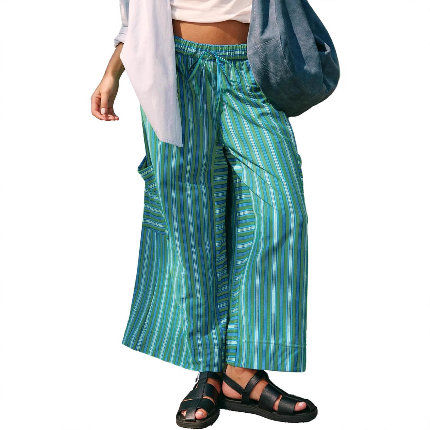 Pantalon femme large – Coupe décontractée – Rayures verticales – Tissu respirant – Taille à cordon