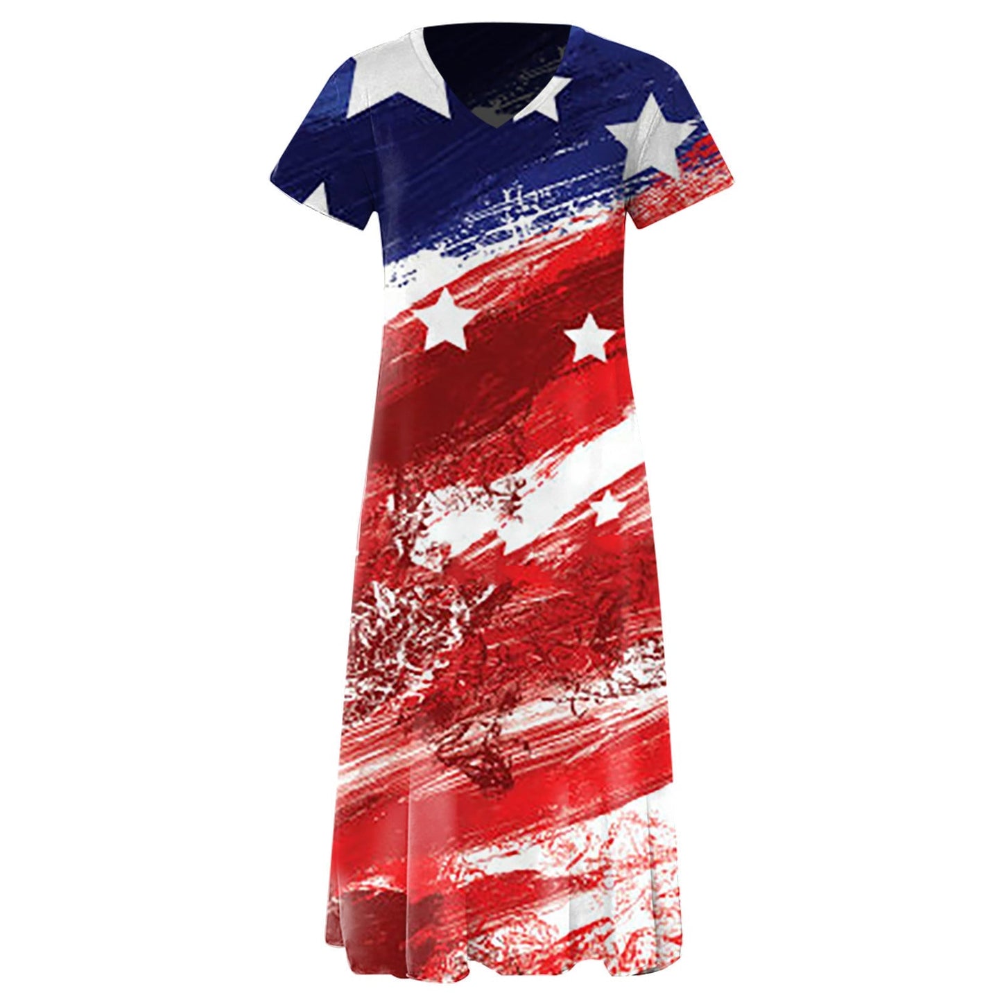 Robe longue femme – Coupe ample – Col en V – Manches courtes – Imprimé graphique – Coton