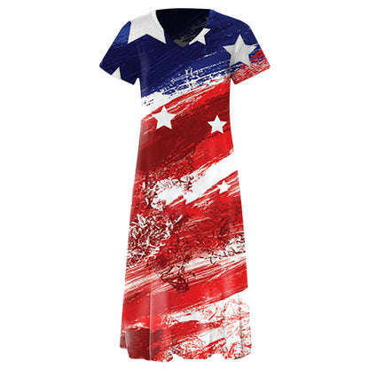 Robe longue femme – Coupe ample – Col en V – Manches courtes – Imprimé graphique – Coton