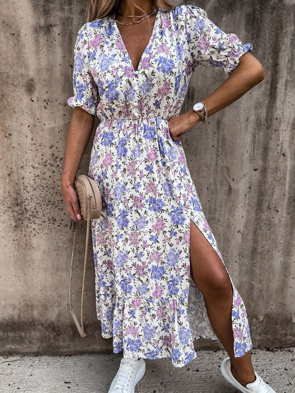 Robe longue femme – Taille haute – Tissu respirant – Manches courtes – Fente côté
