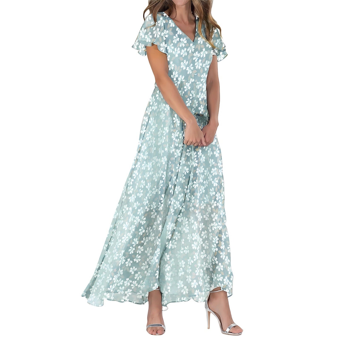 Robe longue femme – Coupe fluide – Tissu doux luxe – Manches volantées – Col en V – Imprimé fleuri
