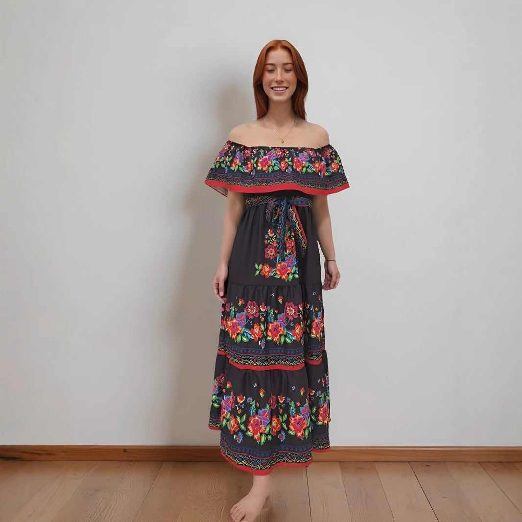 Robe longue femme – Épaules dénudées – Imprimé fleuri – Taille ajustable – Jupe à volants