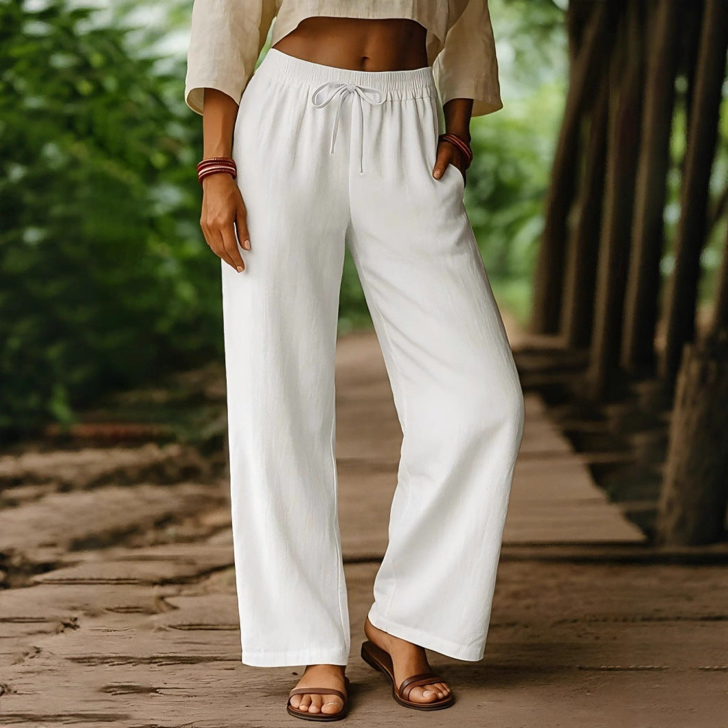 Pantalon femme large – Lin et coton – Taille élastique – Coupe ample